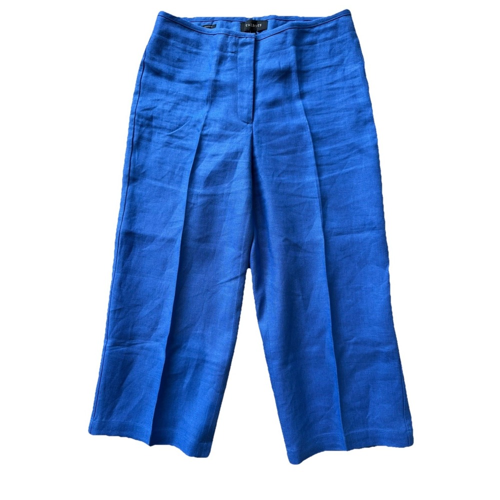 Talbots Women's Heritage Linen Wide Leg Cropped Pants Size 6 Blue Flat Front